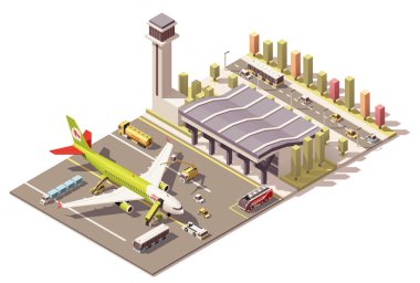 Vector isometric low poly airport terminal building with airplane and Ground Support Equipment clipart
