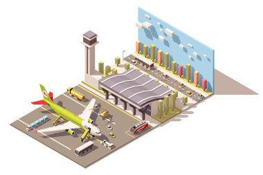 Vektör izometrik düşük Poli Havaalanı terminal binası uçak ve yer destek cihazları