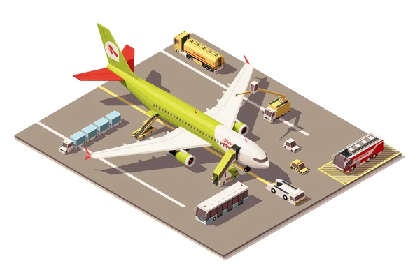 Delantal aeroportuario isométrico de polietileno bajo vectorial con avión, equipo de soporte en tierra y vehículos — Vector de stock