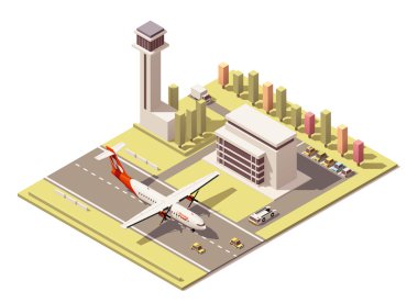 Vektör izometrik minimalist düşük Poli Havaalanı terminal binası kontrol kulesi ve pervaneli uçak iniş