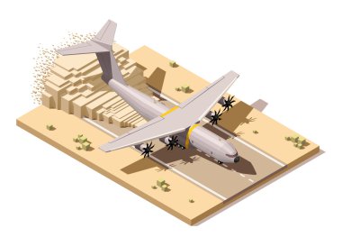 Vector isometric low poly desert airstrip with humanitarian or military cargo airplane landing on dusty runway clipart