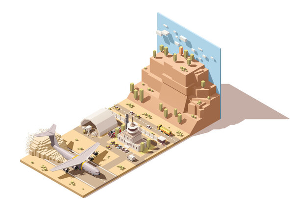 Vector isometric low poly desert airport terminal building and control tower with humanitarian cargo airplane landing on dust airstrip, trucks unloading boxes by forklifts in hangar