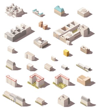Vektör izometrik minimalist düşük Poli Icon set veya harita Infographic öğeleri şehir binalar, evler ve ofisler