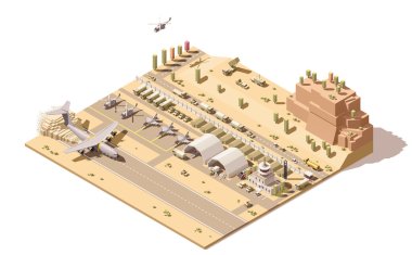 Vector isometric low poly infographic element representing map of military airport or airbase with jet fighters, helicopters, armored vehicles, structures, control tower and cargo airplane landing clipart