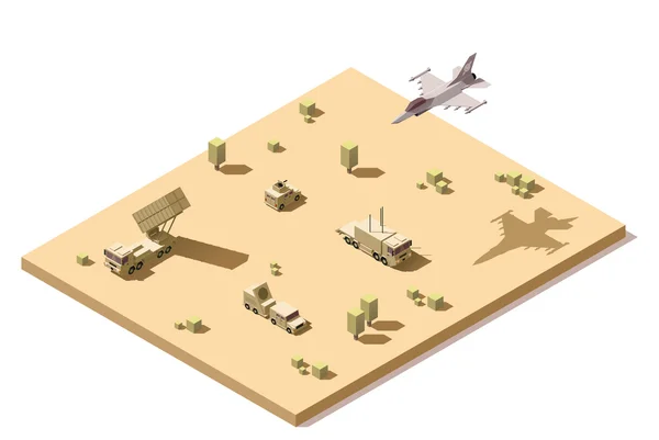 Vetor isométrico de baixo poli elemento infográfico representando o sistema militar de defesa de mísseis terra-ar no deserto e aviões de caça a jato voando — Vetor de Stock