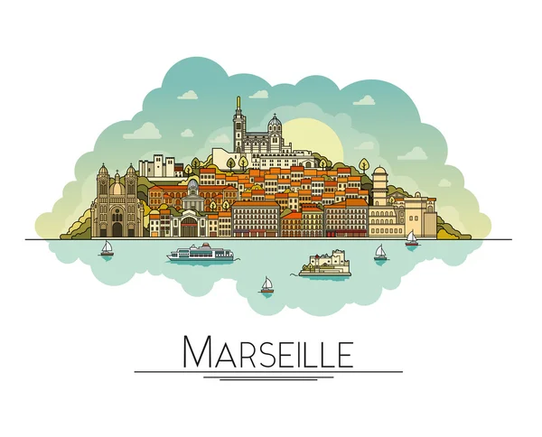 Vector line art Marseille, France, travel landmarks and architecture icon. The most popular tourist destinations, city streets, cathedrals, buildings, symbols in one illustration — Stock Vector