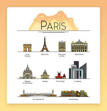 Hat sanatı Paris, Fransa, seyahat yerler ve mimari Icon set vektör. En popüler turistik yerlerinden, sokakları, katedraller, binalar, şehir sembolleri