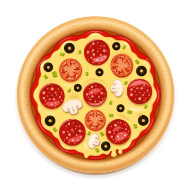 Vektör yapışkan peynir ve salam simgesi olan sıcak pizza ayrıntılı