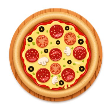 Vektör yapışkan peynir ve salam simgesi olan sıcak pizza ayrıntılı