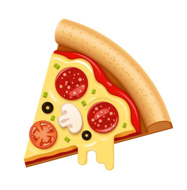 Vektör sıcak pizza dilimi yapışkan peynir ve salam simgesi olan
