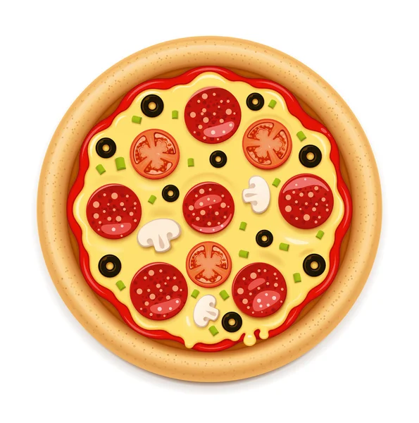 Vector detaljerade varm pizza med klibbiga ost och salami ikon — Stock vektor