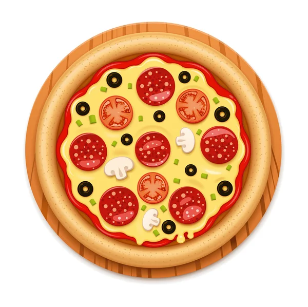矢量详细热比萨带有粘性的奶酪和萨拉米香肠图标 — 图库矢量图片