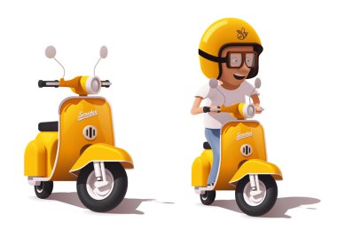 Vektör gerçekçi vintage sarı scooter ve scooter sürücü simgesi
