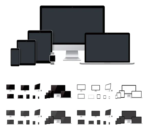 Vector realista portátil, computadora de escritorio, móvil, tableta, plantillas de reloj inteligente — Vector de stock
