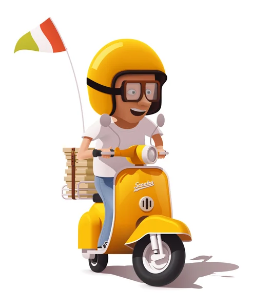 Vector realista retro pizza entrega scooter y pizza mensajero icono del conductor — Vector de stock