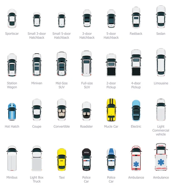 Vue aérienne vectorielle voitures et camions ensemble — Image vectorielle