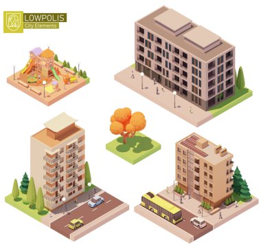 Vector isometric buildings and children playground clipart