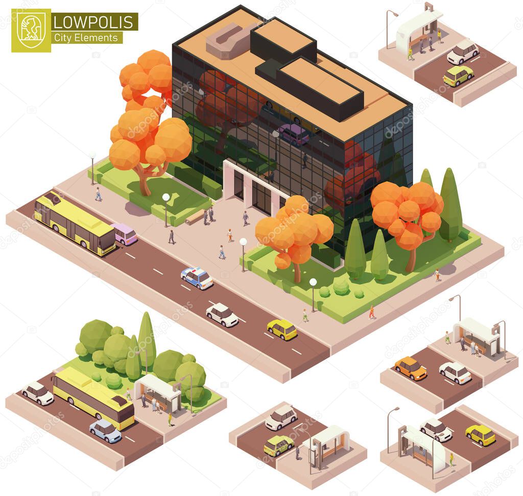 Vector isometric office building and bus stop