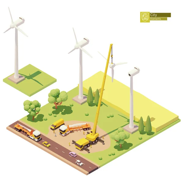 Vector low poly wind turbines farm construction — Stock Vector