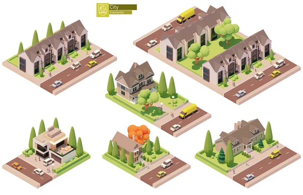 Bâtiments isométriques vectoriels, maisons de banlieue — Image vectorielle