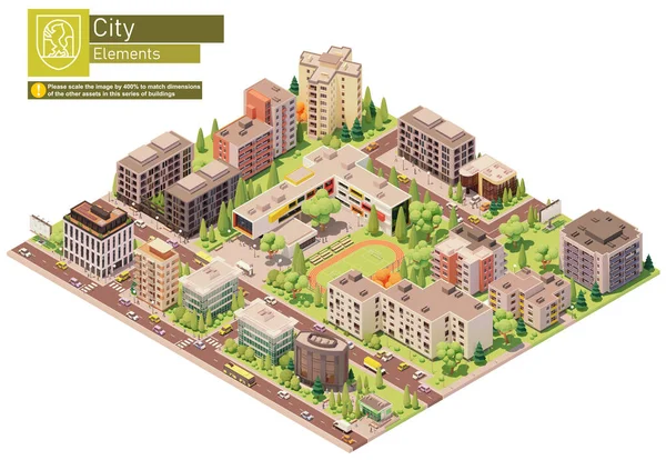 Città isometrica vettoriale o isolato urbano con scuola — Vettoriale Stock