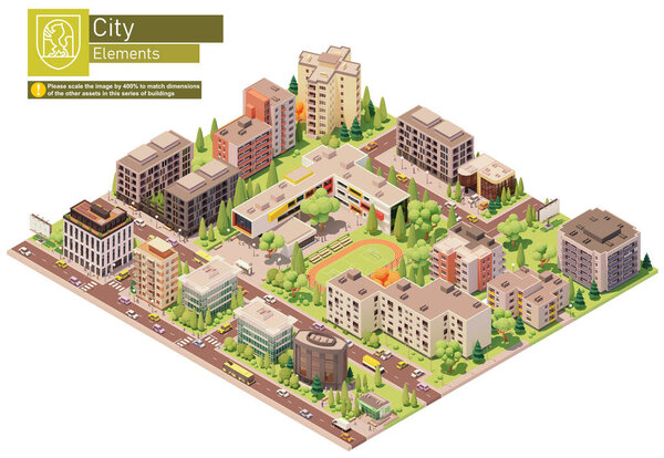 Vector isometric city or town block with school