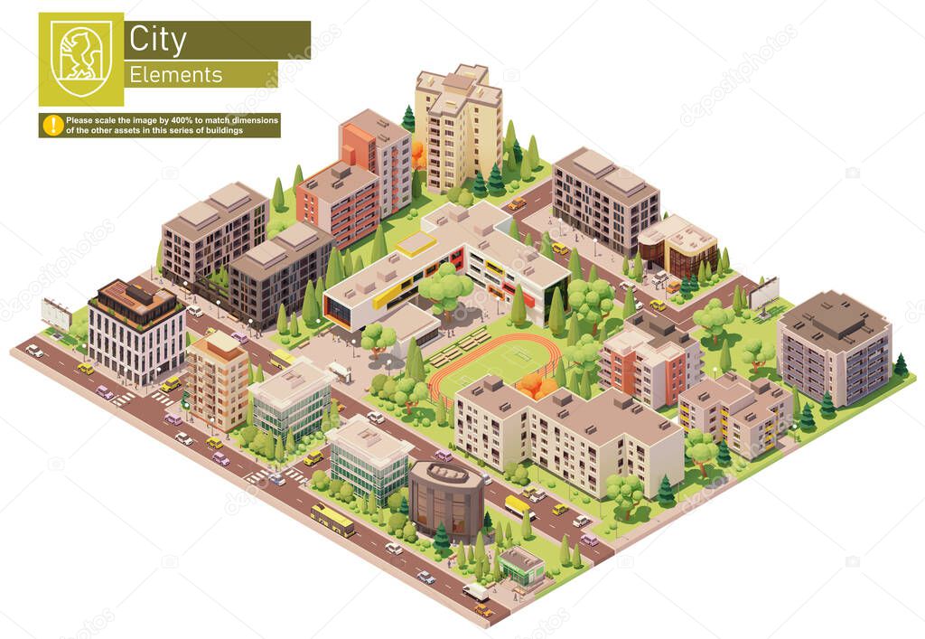 Vector isometric city or town block with school