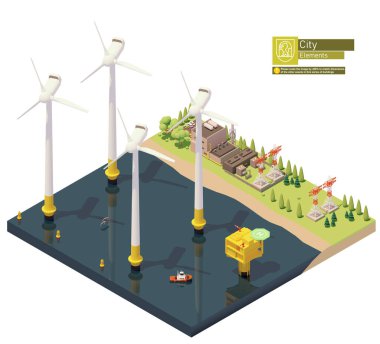 Kıyıdan uzak rüzgar türbinleri elektrik santralinin altyapısını temsil ediyor. Offshore rüzgar çiftliği, trafo istasyonu, elektrik hatları ve elektrik santrali içerir