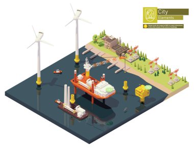 Vektör izometrik rüzgar çiftliği ve elektrik santrali inşaatı. İçinde vinç ve mavna yüklü türbin yükleme gemisi, rüzgar türbini parçaları, trafo istasyonu, elektrik santrali