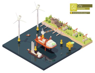 Vector isometric offshore wind farm and power plant construction. Includes turbine installation vessel with crane and barge loaded with wind turbine parts, transformer station, power station clipart