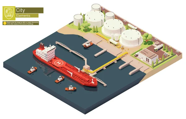 Vektor Isometrisches Frachthafenöldepot Mit Tankschiff Tankerladung Rohöl Handelsterminal Bunkern Von — Stockvektor