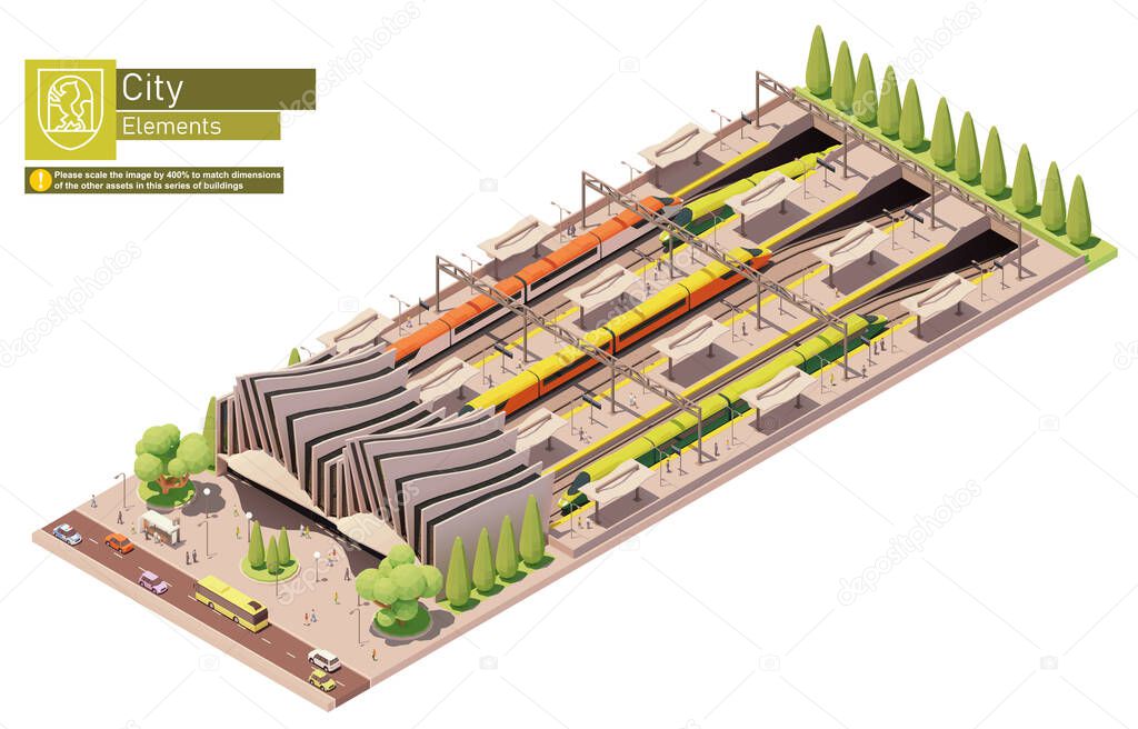 Vector isometric train station building. High-speed rail train at the railway station. Railroad platform and passengers