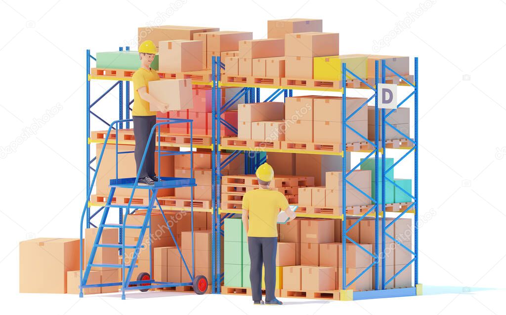 Warehouse workers searching product on shelves