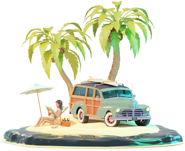 Retro vintage surfer car and woman on the beach — Stock Photo, Image