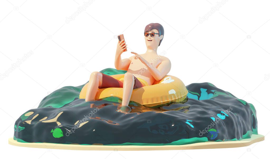 Smiling man relaxing on inflatable pool float