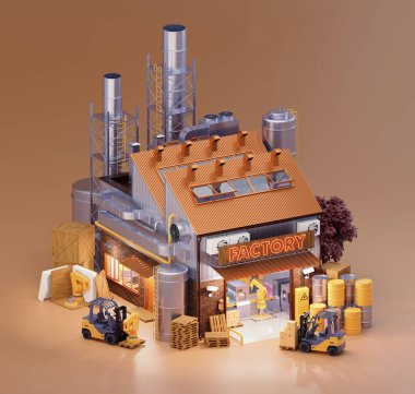 Robotları ve taşıyıcısı olan fabrika binası.