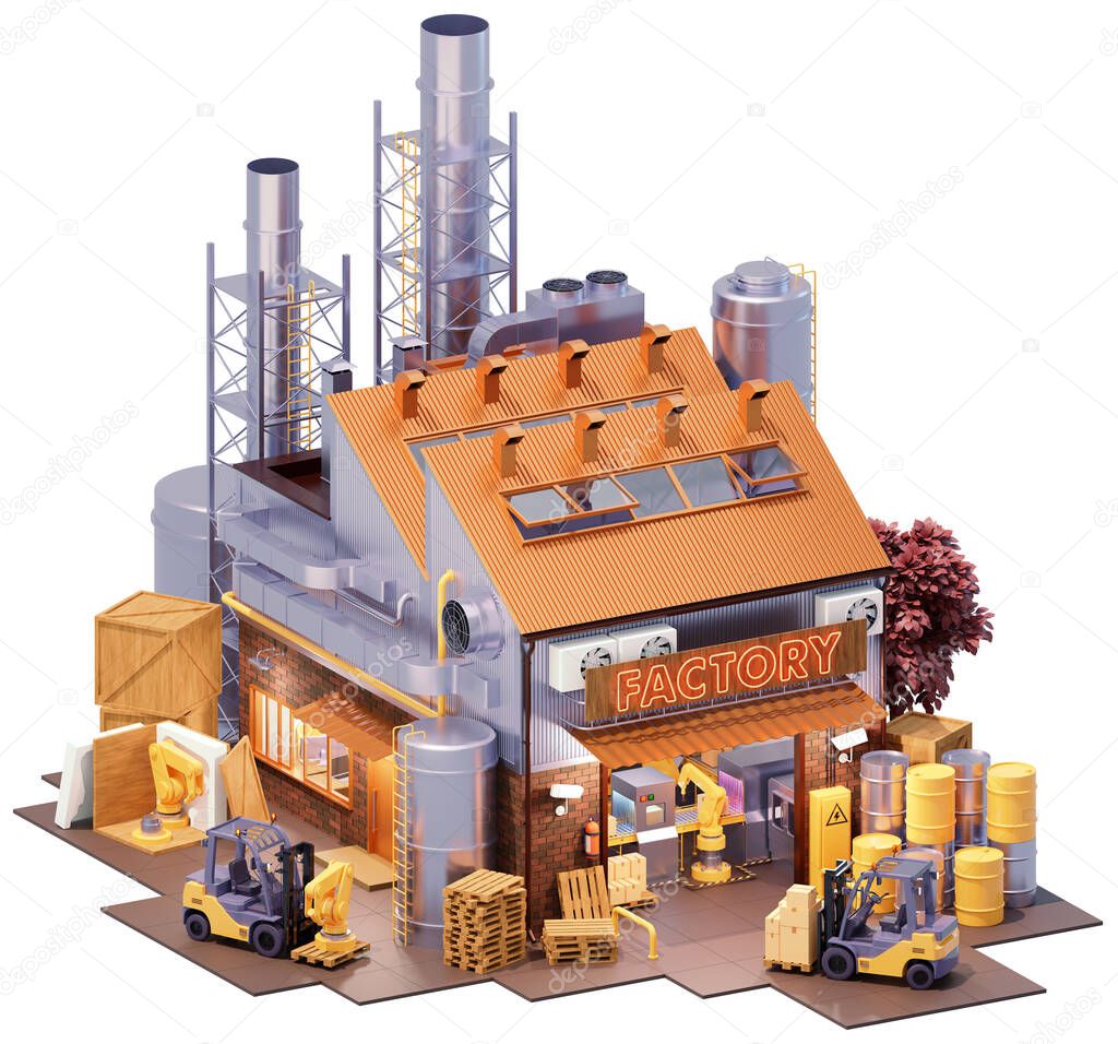 Factory building with robots and conveyor