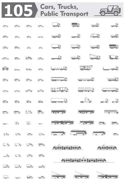 Voitures vectorielles, camions et icônes des transports publics — Image vectorielle