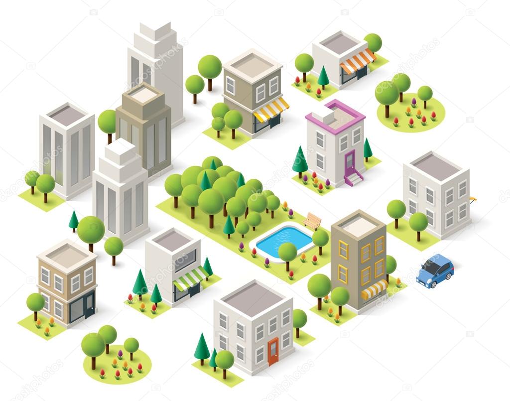 Vector isometric city buildings set