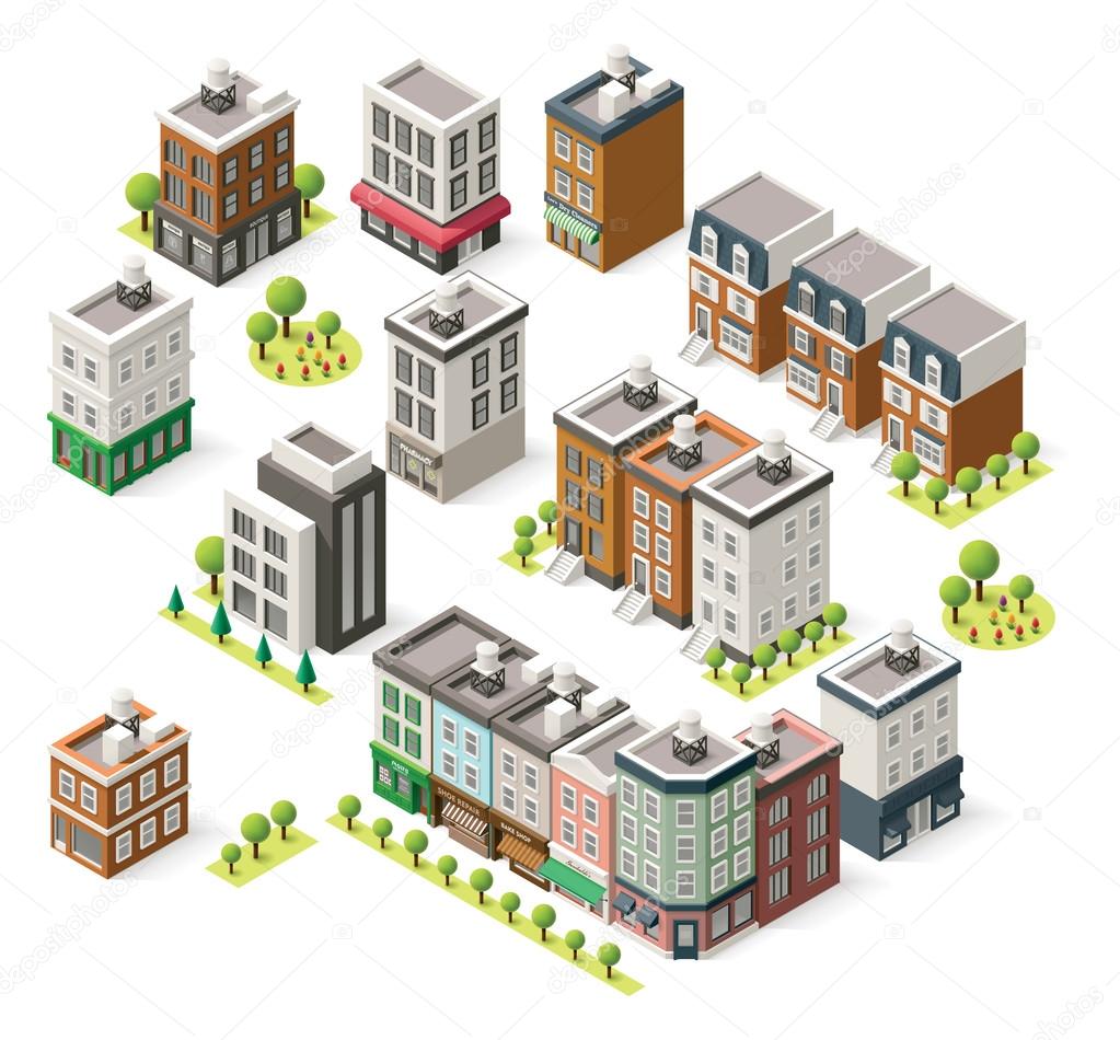 Vector isometric city buildings set