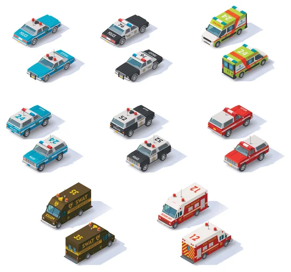 Vector isometric emergency services cars set — Stock Vector