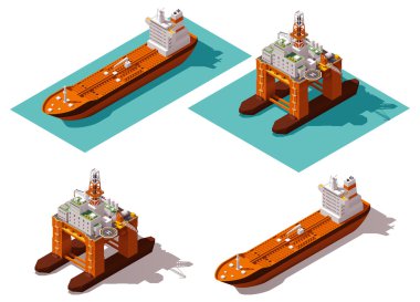 Vektör izometrik tanker ve petrol sondaj platformu