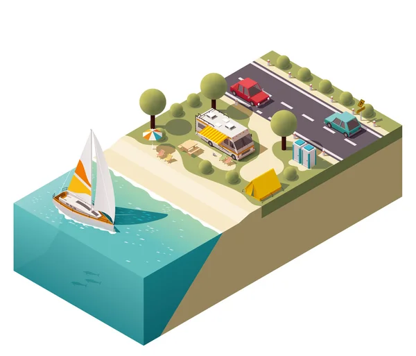 Vector isometric beach camping — Stock Vector