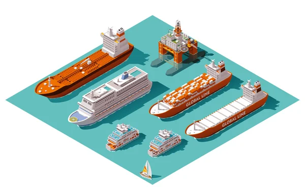 Vector isometric ships and oil rig — Stock Vector