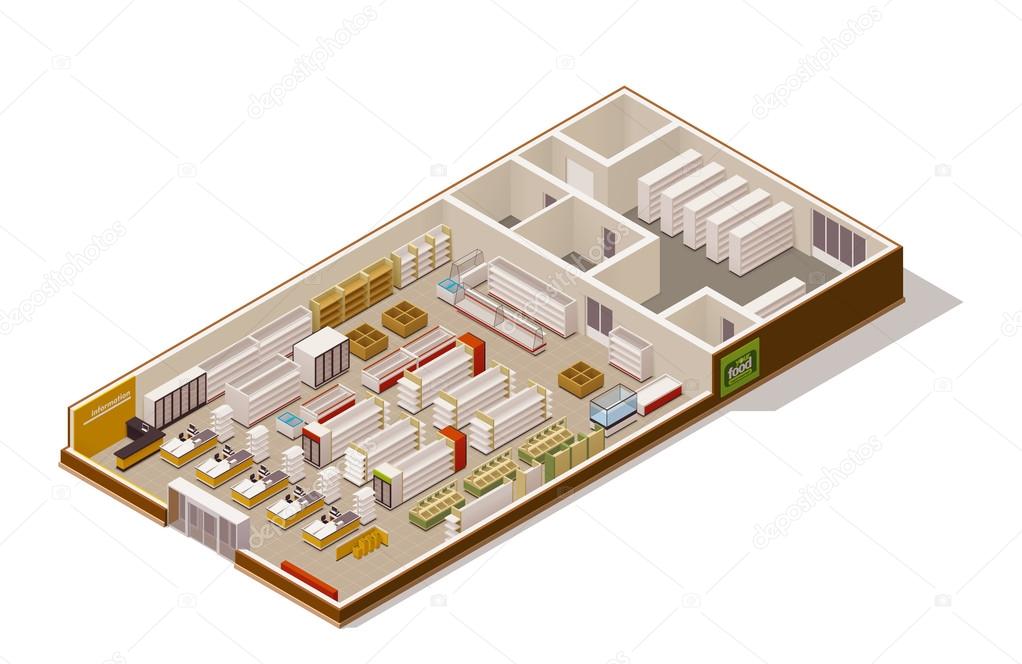 Vector isometric supermarket cutaway