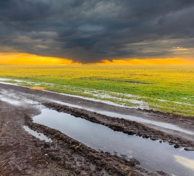 bir kirli bahar alanlar üzerinde karanlık yoğun bulutlar