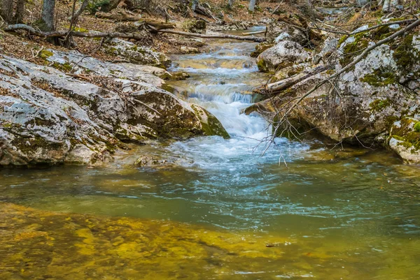 Pequena cachoeira bonita em um desfiladeiro de montanha — Fotografia de Stock