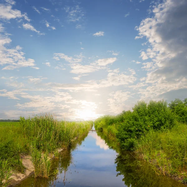 Pequeño río de la pradera en la escena del atardecer — Foto de Stock