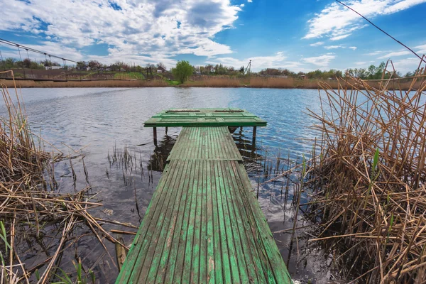 Small rural river, fisher bridge scene — Stock Photo, Image