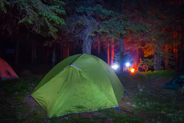 Turistiska camp i en skog på natten — Stockfoto